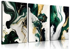 3Pcs Framed Emerald Green Wall Art, Modern Green and Gold Abstract Marble Can…