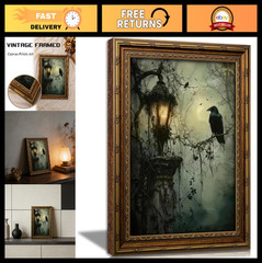 Vintage Gold Framed Crow Canvas Art – Gothic Dark Academia Wall Decor, Victorian