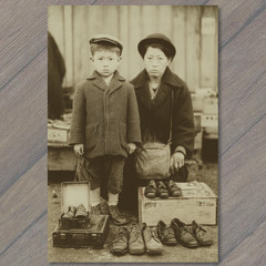 Art Print Sepia Asian Mother Child Shoe Seller Street Portrait