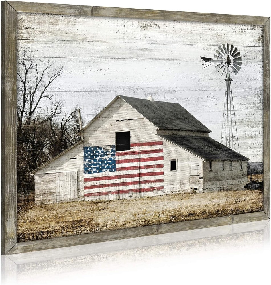 Wooden Picture Art Wall Decor: Rustic Old Barn Artwork American Flag Painting Gr
