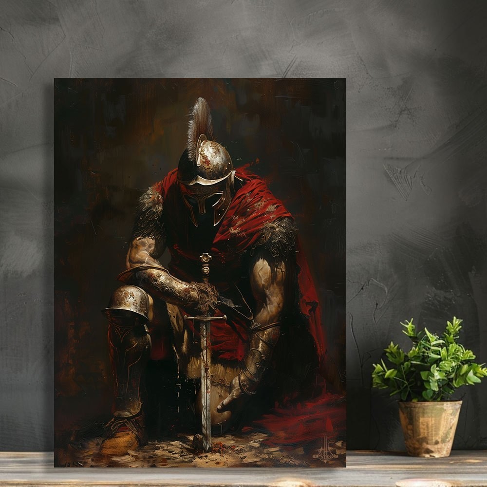 Kneeling Roman Warrior Vintage Oil Framed Canvas, Masculine Man Cave Decor