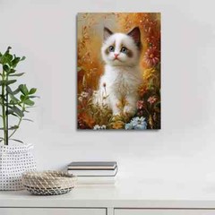 Cute Ragdoll Kitten with Flowers & Plants Painting Metal Print Ready to Hang
