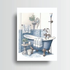 11×14 Blue and White Bathroom Canvas Print Wall Art