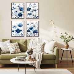 MKYFHSVGD Navy Blue and White Floral Wall Art Posters Set of 10×8, pattern-4