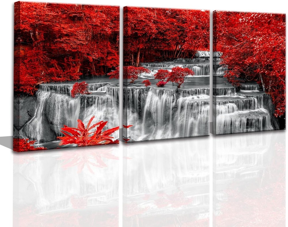 Black White and Red Waterfall Canvas Wall Art Trees Forest Painting Landscape…