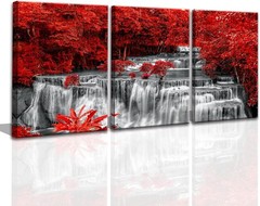 Black White and Red Waterfall Canvas Wall Art Trees Forest Painting Landscape…