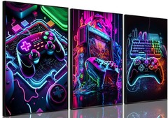 Game Room Decor Posters Set of 3 – Neon Gaming Accessories 12×16 inch Unframed