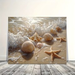 Beach Seashell Starfish Soft Wave Framed Canvas, Bright Tropical Coastal Wall