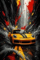 Abstract Orange Sports Car Art Print 24×36 – Automotive Wall Decor – Unframed
