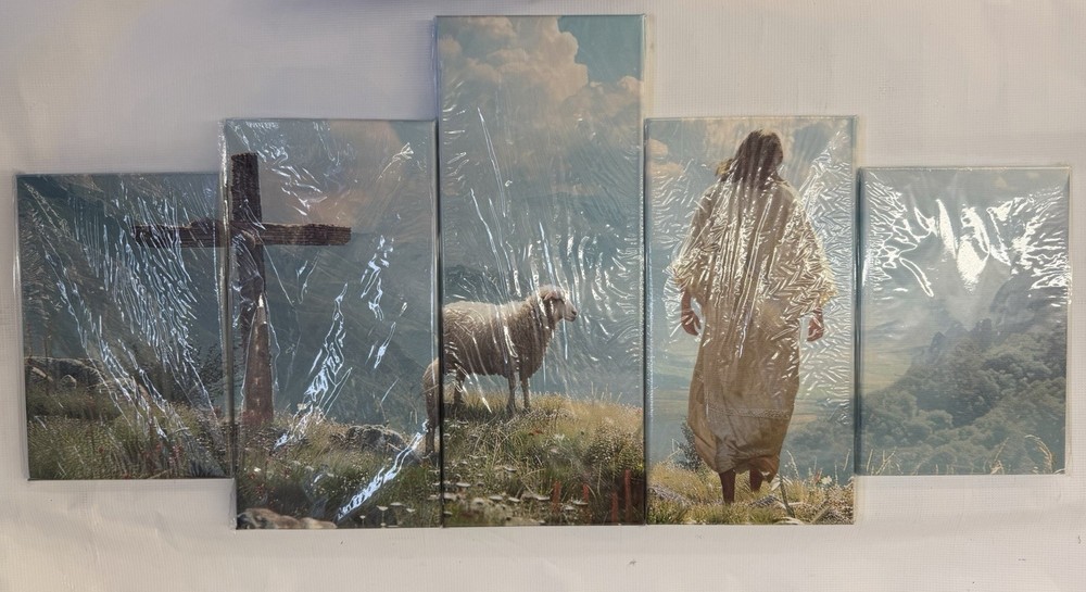Jesus & Sheep Canvas Wall Art 5 Piece Set Cross Christian Living Room Decor