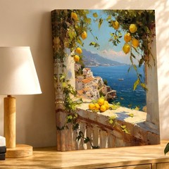 Wall Art Lemon Coastal Village Seascape Painting Mediterranean Window Decor
