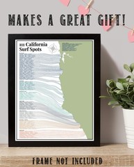 111 California Surf Spots Map Coastal Wave Guide Modern Surf Wall Art