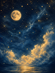 Vintage Full Moon Ocean Poster Celestial Starry Night Sky Sea Landscape Wall Art