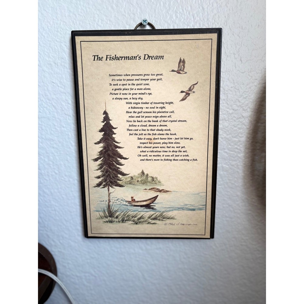 Vintage 1982 The Fisherman’s Dream Poem Wall Plaque D Smith Fishing Cabin Decor