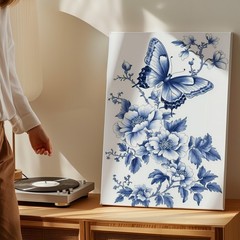 Blue And White Floral Butterfly Canvas Wall Art Elegant Decorative Home Decor