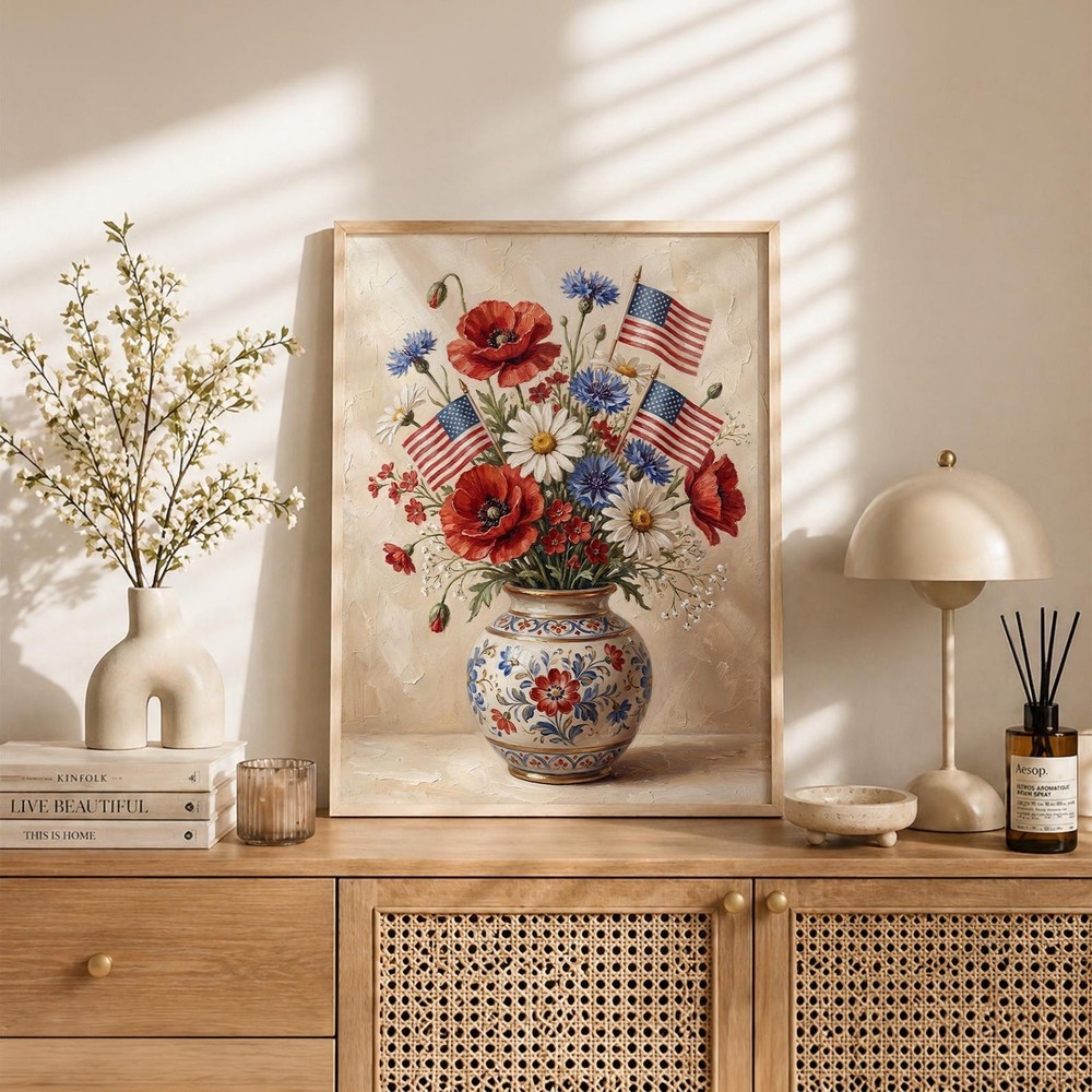 Patriotic Floral Wall Art, American Flag Flower Vase Print, 4th of July Poster