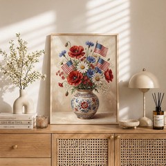 Patriotic Floral Wall Art, American Flag Flower Vase Print, 4th of July Poster