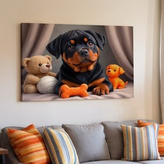Adorable Rottweiler Puppy with Toys Canvas Wall Art Dog Print for Home Decor