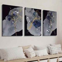 3pcs Blue Golden and Grey Botanical Flower Wall Art Canvas Unframed/Framed