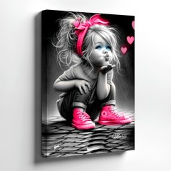 Wall Art Cute Little Girl Blowing Kiss Pink Bow Sneakers Hearts Canvas Print