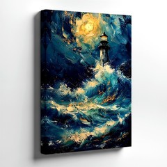 Wall Art Lighthouse Ocean Waves Moonlight Seascape Abstract Canvas Print Decor