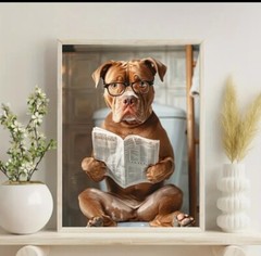 12″x16″ Pitbull Glasses Newspaper Toilet Funny Canvas Bathroom Poster *No Frame