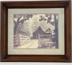 Vintage Framed Farmhouse Print Rustic Barn Fence Wood Frame Cottage Wall Art