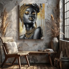 Elegant African Woman Wall Art Canvas Gold Accents Black Gray Modern Decor Print