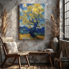 Yellow Tree Moonlight Landscape Canvas Wall Art Vintage Style Home Decor Print