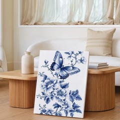 Blue And White Floral Butterfly Canvas Wall Art Elegant Decorative Home Decor