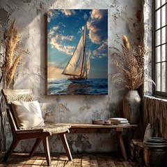 Wall Art Sailboat Ocean Seascape Canvas Print Blue Sky Nautical Home Decor Room