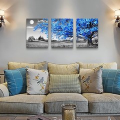 Black White Blue Tree Moon Canvas Wall Art – 3 Piece Set for Living Room Decor