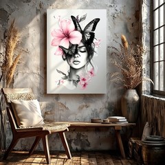 Wall Art Woman Face Portrait with Pink Flowers Black Butterflies Floral Print