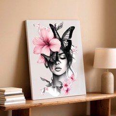Wall Art Woman Face Portrait with Pink Flowers Black Butterflies Floral Print