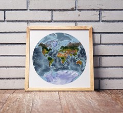 World Map, Van der Grinten Projection World Map, Framed World Relief Map