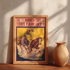 Vintage Rodeo Poster State Fair Steer Wrestling Art Western Cowboy Wall Decor