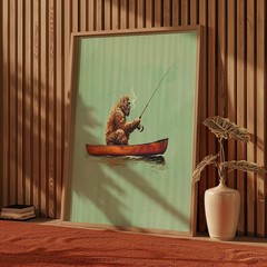 Bigfoot Fishing Canoe Poster Funny Sasquatch Cabin Wall Art Gift for Dad