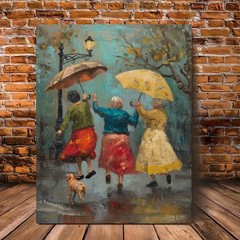 Women Dancing in Rain with Umbrellas Canvas Wall Art, Vintage Home Decor