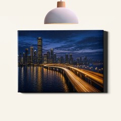 Night City Skyline Bridge Canvas Print Long Exposure Light Trails