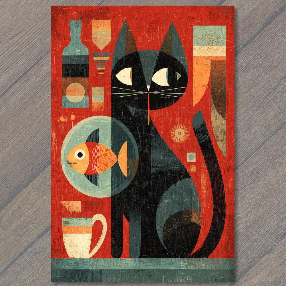 Art Print Black Cat Goldfish Bowl Mid Century Modern Red Retro Whimsy Kitsch