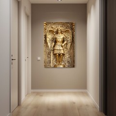 Archangel Michael Gold Angel Statue Wall Art Print on Framed Canvas