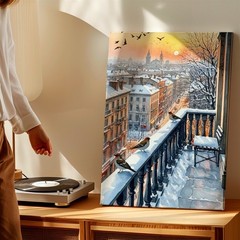 Wall Art Winter City Street Oil Painting Snowy Town Reflection Landscape Decor