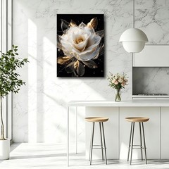 Modern Floral Wall Art- White and Gold Rose Flower Bathroom Wall Decor- Black…