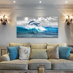Large Blue Wave Canvas Art – Framed Dolphin Wall Decor for Living Room & Office