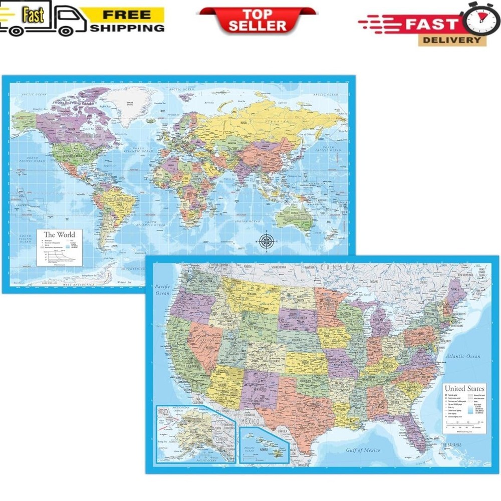 2 Pack – Laminated World Map & US Map Poster Set – Wall Chart Map of the World