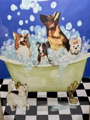 Sapna Shah Framed Wall Art Dogs in A Bubble Bath Tub Home Decor 18”x 12” NEW