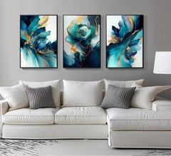 3 pcs Green gold canvas wall art Modern Blue Green and Gold Abstract Marble F…