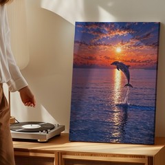 Dolphin Jumping At Sunset Ocean Canvas Wall Art Marine Nature Decor Scene Print