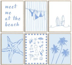 6Pcs Blue Coastal Wall Art Coastal Granddaughter Preppy Aesthetics Picture Wa…