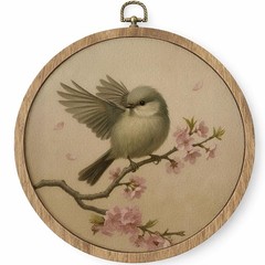 Vintage Spring Floral Bird Round Framed Wall Art, Rustic Cherry Blossom Tree …